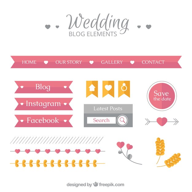 Set of wedding blog elements in flat design 