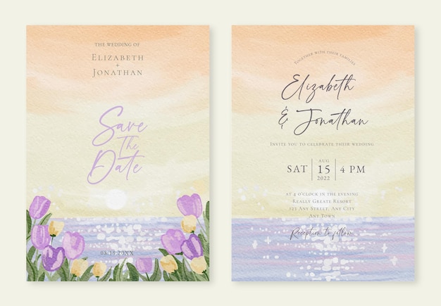 Set of Wedding Invitation with Watercolor Whimsical Sunset Sky and Tulip Flowers