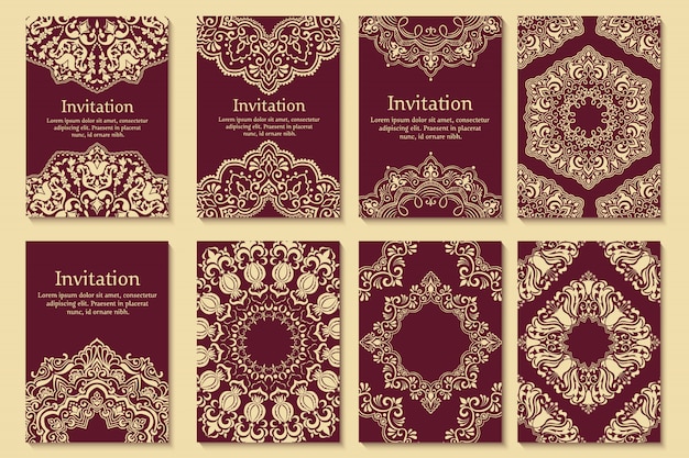 Set of wedding invitations and announcement cards with ornament in Arabian style. Arabesque pattern.