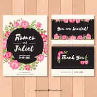 Free vector set of wedding invitations with pink flowers