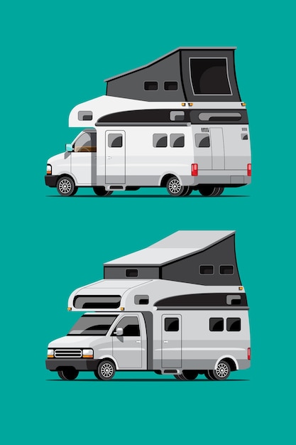 Free vector set of white camping trailers, travel mobile homes or caravan on green background, isolated flat  illustration