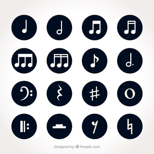 Set of white musical notes with round backgrounds