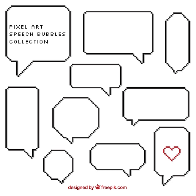 Set of white speech bubbles in pixel art style 