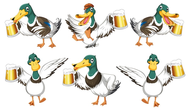 Free Vector set of wild duck drinking beer in different poses