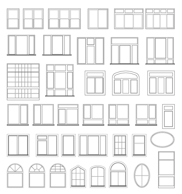 Free Vector set of window elements for the design of architectural and construction drawings. illustration in black color isolated on white background.