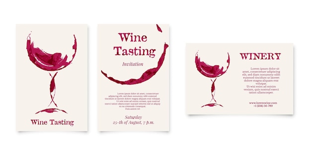 Set of Wine testing and Winery card in shape of wineglass bottle stain graphic design with watercolor grunge texture