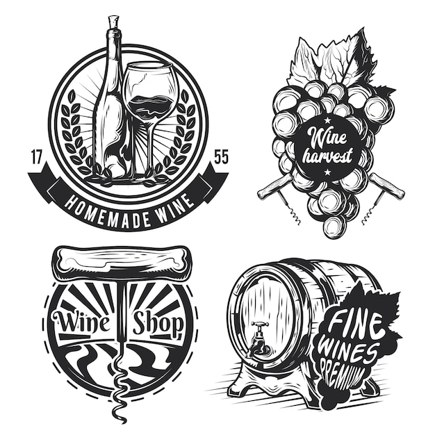 Set of winemaking elements (barrel, grapes, bottle etc.) emblems, labels, badges, logos.