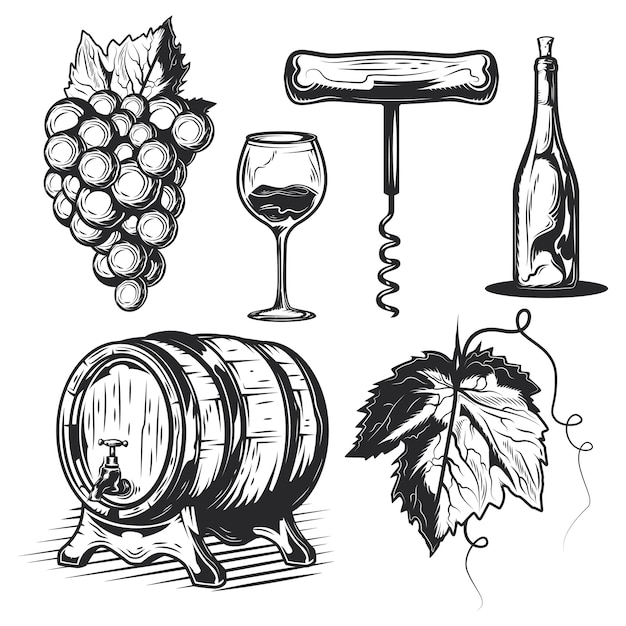 Set of winemaking elements (barrel, grapes, bottle etc.)