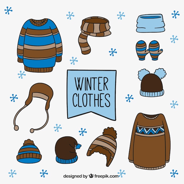 Free Vector set of winter clothes with hand drawn elements