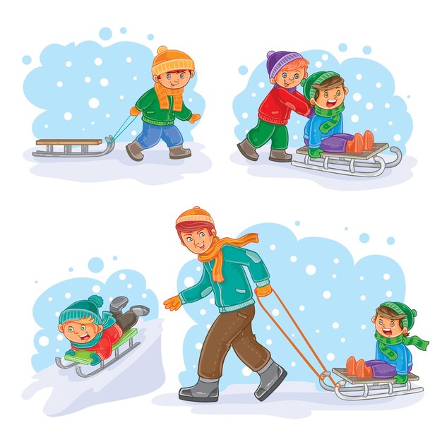 Set winter icons with little children