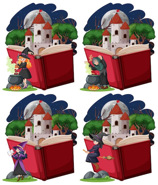 Set of witches and castle tower with pop up book cartoon style on white background