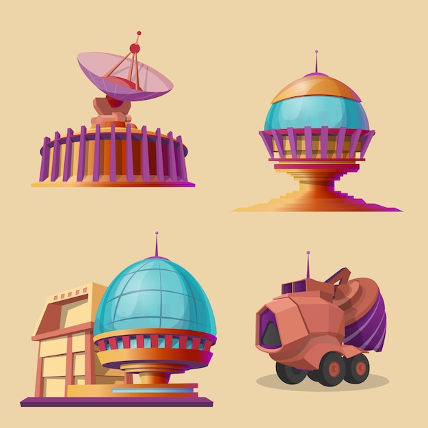 Free Vector set with different objects for space exploration, colonization and terraforming plane