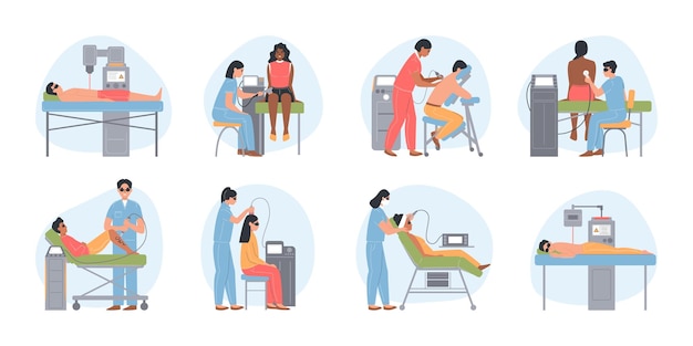 Free Vector set with eight isolated round laser therapy flat compositions of medical apparatus physicians and patients characters vector illustration