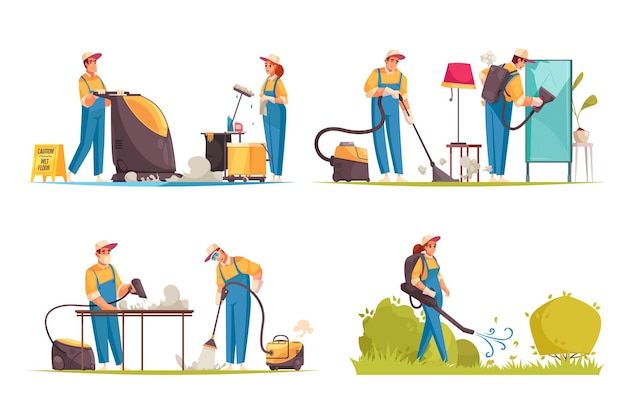 Set with four isolated compositions of cleaners doodle human characters with professional appliances and detergent chemicals vector illustration