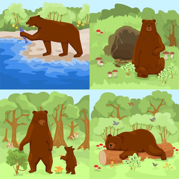 Free vector set with four square compositions with outdoor forest landscapes and brown grizzly bears in their habitat vector illustration