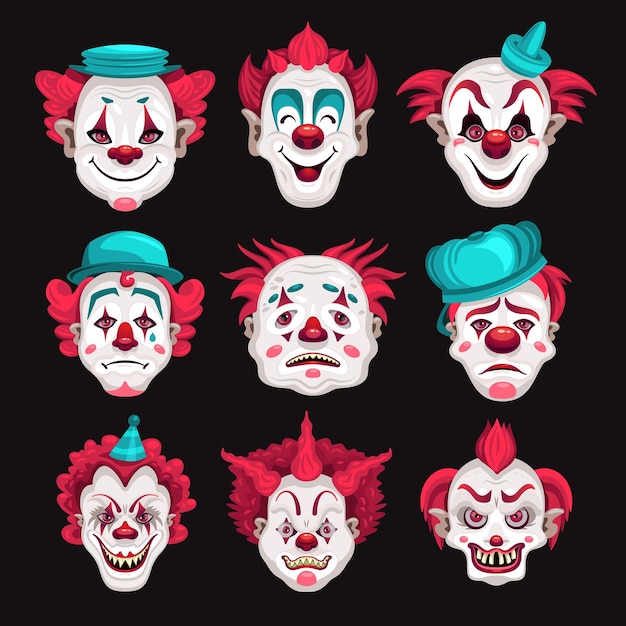 Free Vector set with isolated clowns faces with cartoon style images red hair funny hats on black background vector illustration