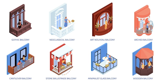 Free Vector set with isolated house facade compositions of isometric icons with text captions and views of balconies vector illustration