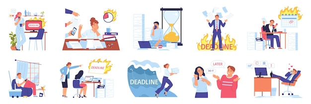 Free Vector set with isolated procrastination project deadline compositions with failed multitasking workers piles of paper in fire vector illustration