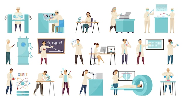 Free Vector set with isolated scientific laboratory icons and flat characters of scientists working with various lab appliances vector illustration