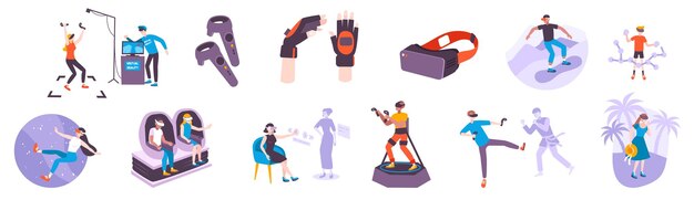 Set with isolated vr people flat doodle style characters with silhouettes of virtual neighbourhoods and wearable gadgets vector illustration