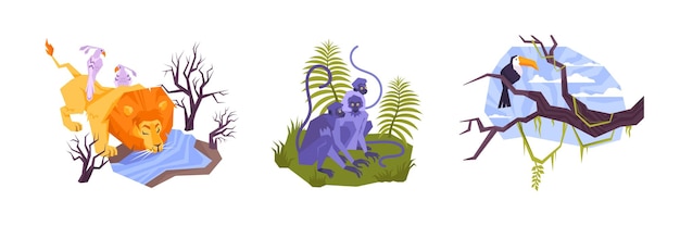 Set with three isolated compositions of flat tropical plants and animals