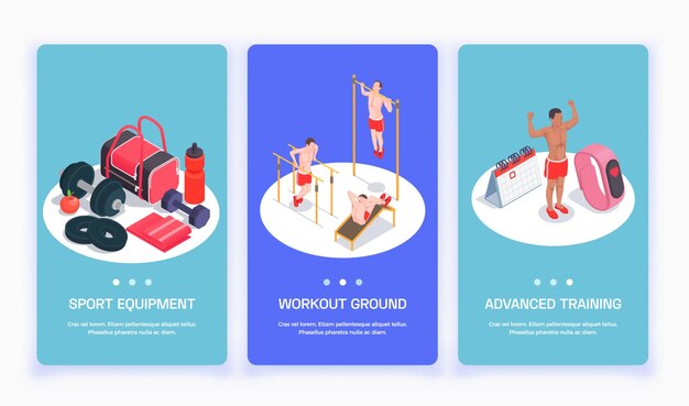 Set with three isolated workout isometric people vertical banners