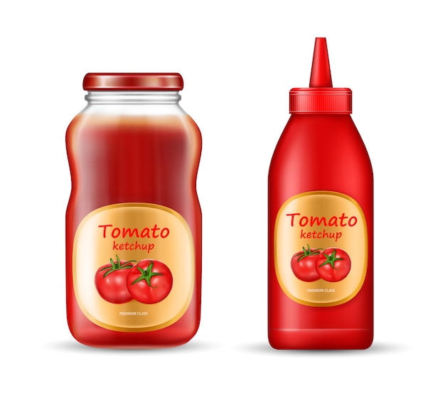 Free vector set with two bottles of ketchup, plastic and glass jars with closed lids and labels