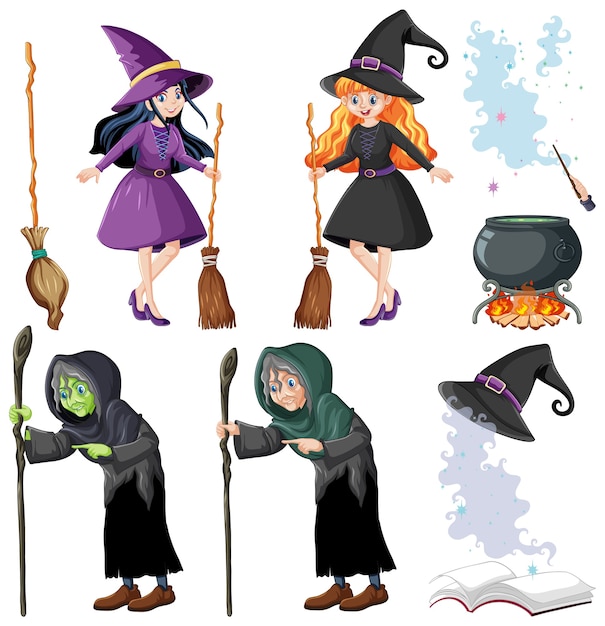 Set of wizard or witches and tools cartoon style isolated on white 