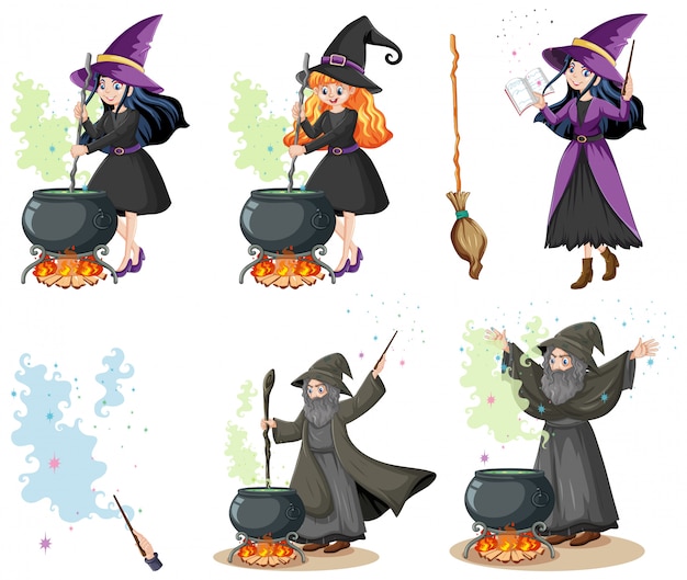 Set of wizard or witches with magic tools cartoon style isolated