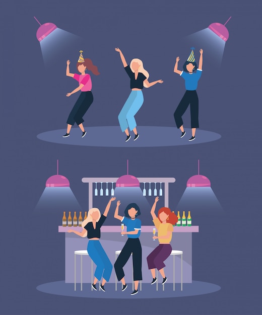 Free Vector set of women dancing with champagne bottles and lights