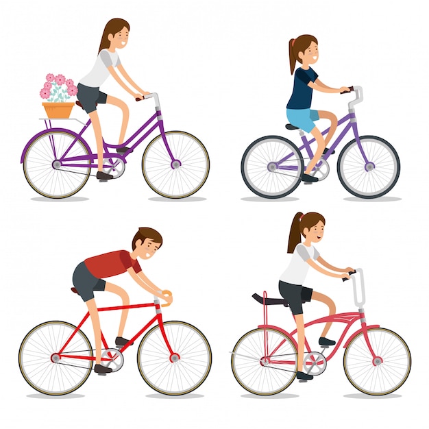 Set women and man riding a bicycle 