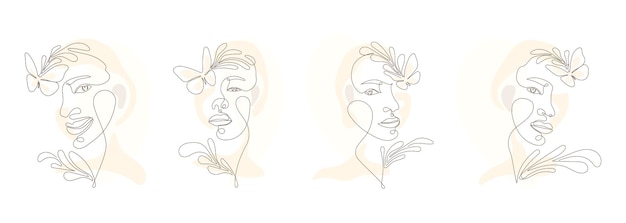 Set of Women with Floral in Elegant Line Art Style