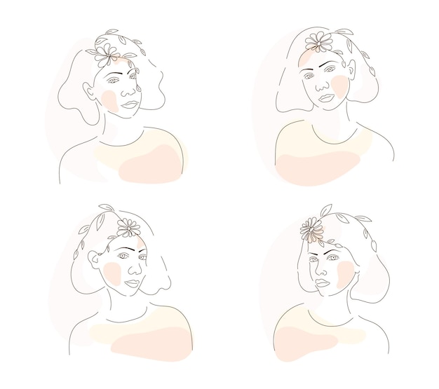 Free Vector set of women with floral in elegant line art style