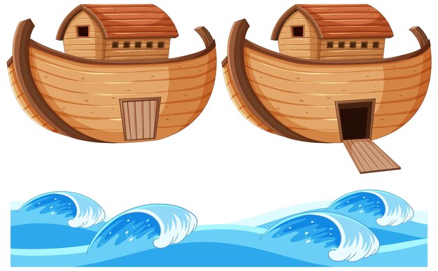 Set of wooden boat and wave