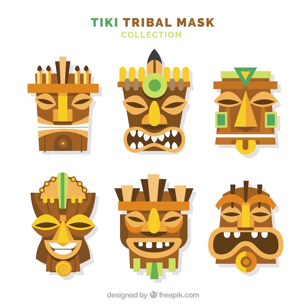 Free Vector set of wooden tribal tiki masks