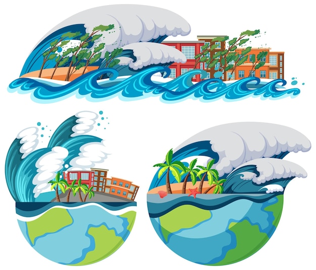 Free Vector set of world disaster from tsunami