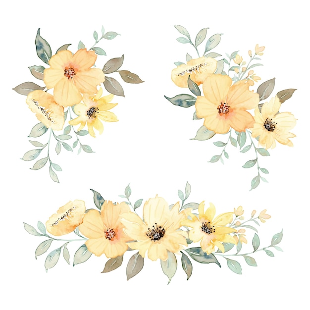 Set of yellow flower bouquet with watercolor