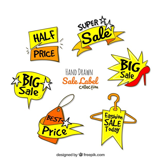 Set of yellow stickers of hand drawn sales