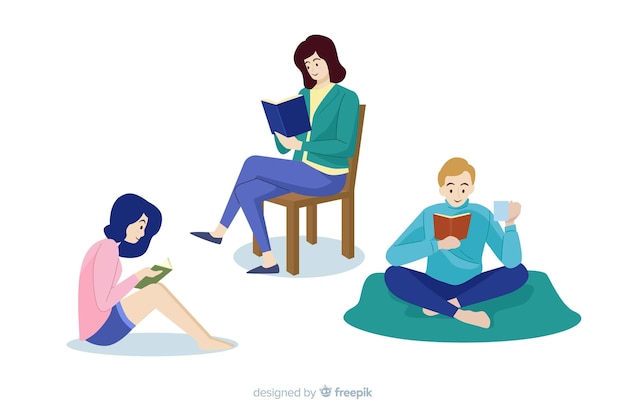 Free vector set of young book lovers people reading