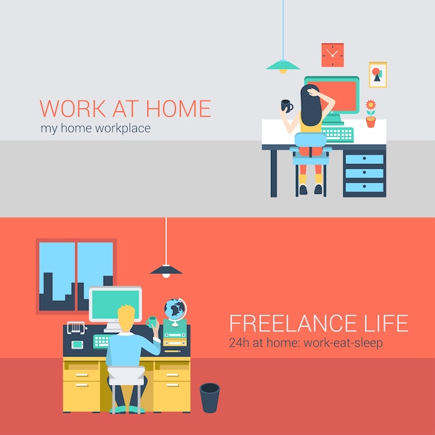 Set of young man woman home office freelance homework laptop table workplace. Flat people lifestyle situation work at home concept.  illustration collection of young creative humans.