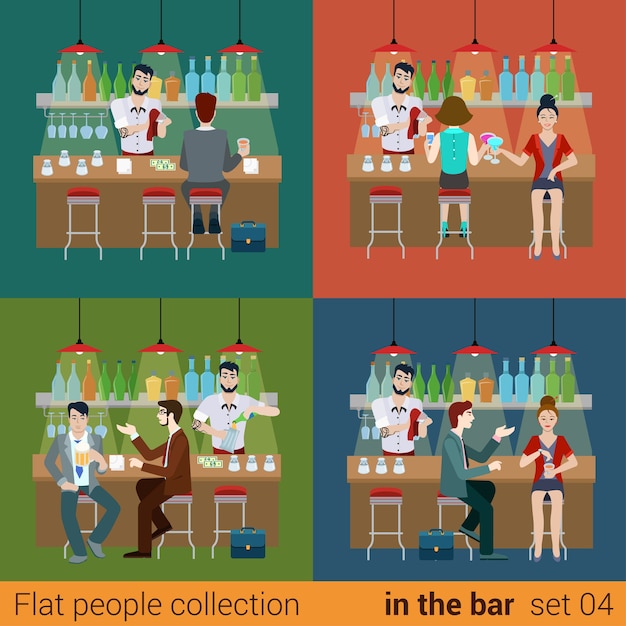 Free vector set of young men women boy girl friends in the bar counter and barman cocktail drink preparation. flat people lifestyle situation concept.  illustration collection of young creative humans.