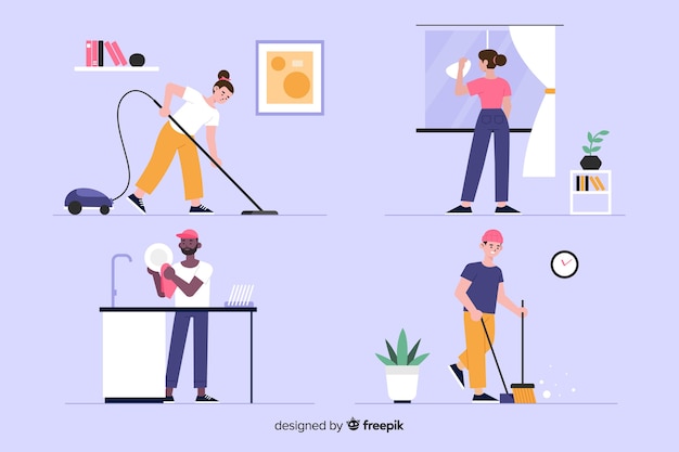 Free Vector set of young people cleaning the house