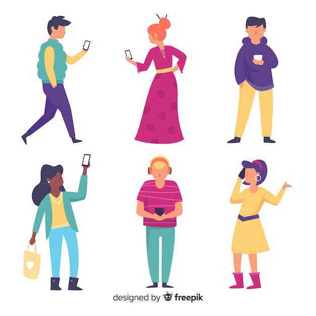 Free Vector set of young people holding smartphones