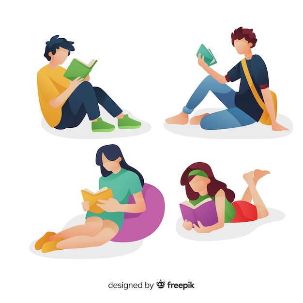 Set of young people reading