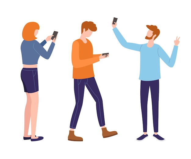 Set of young people using smartphones