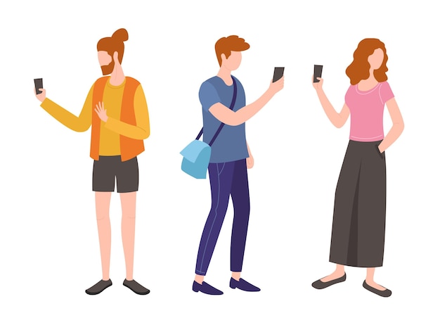 Set of young people using smartphones