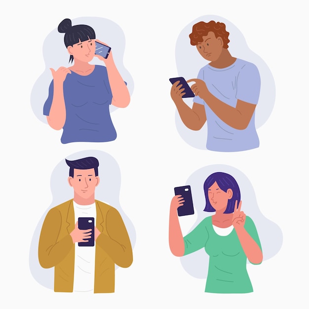 Free Vector set of young people using smartphones