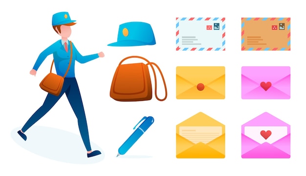 Free vector set of young postman working with letter and parcel