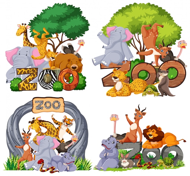 Free Vector set of zoo animals with banner