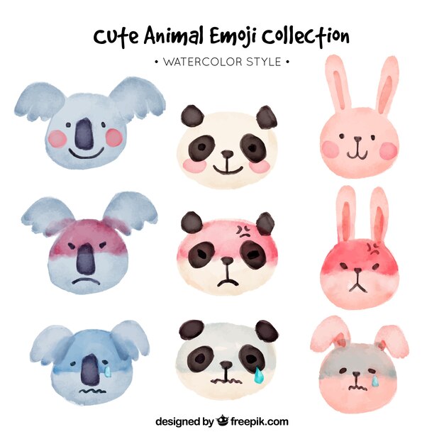 Several animal emoticons in watercolor style